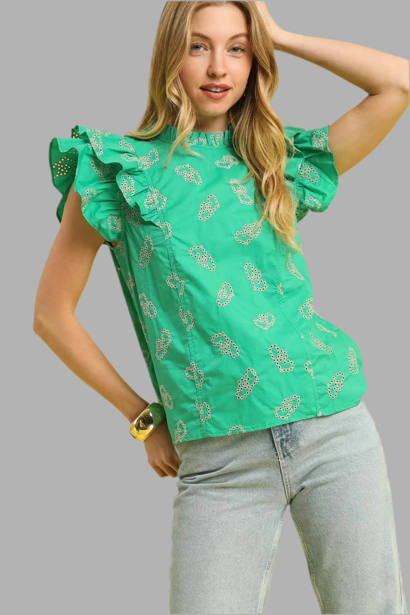 Umgee Eyelet Ruffle Cap Sleeve Blouse