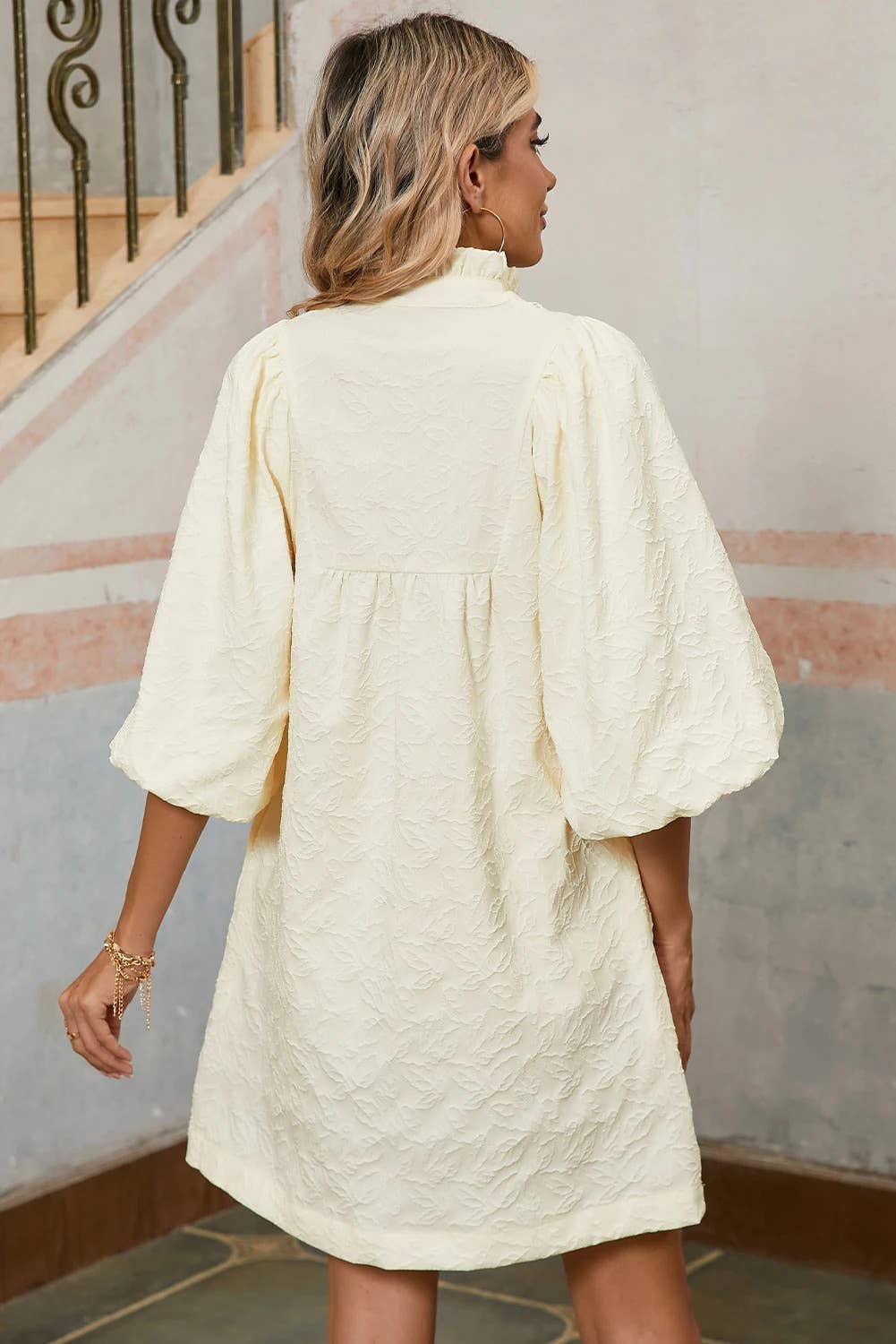 Floral Textured Bubble Sleeve Dress