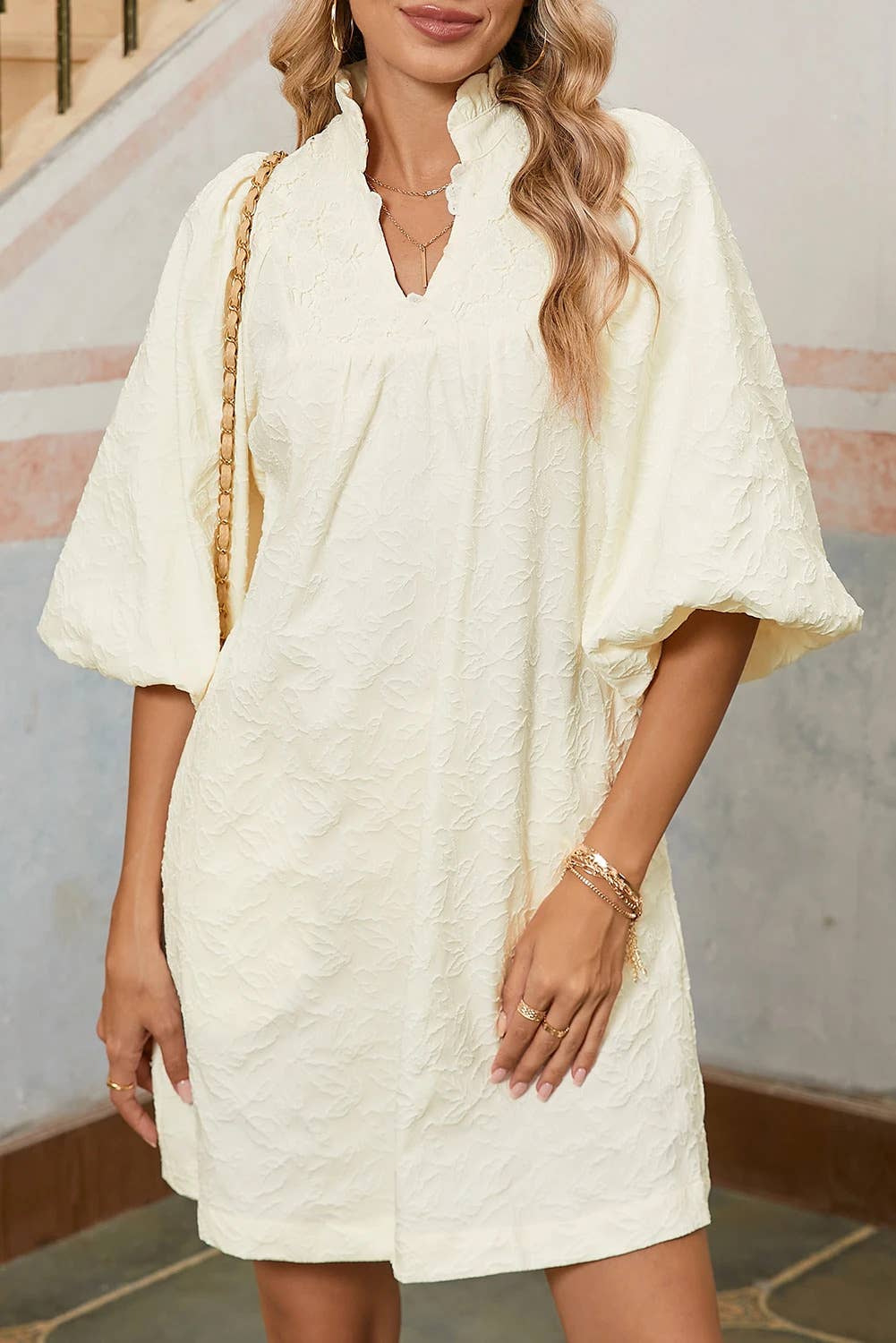 Floral Textured Bubble Sleeve Dress